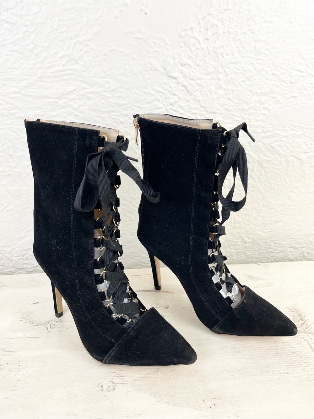 Black Velvet Faux Suede Lace Up Boots Witchy Gothic Heeled Victorian 40 9 - Picture 8 of 14